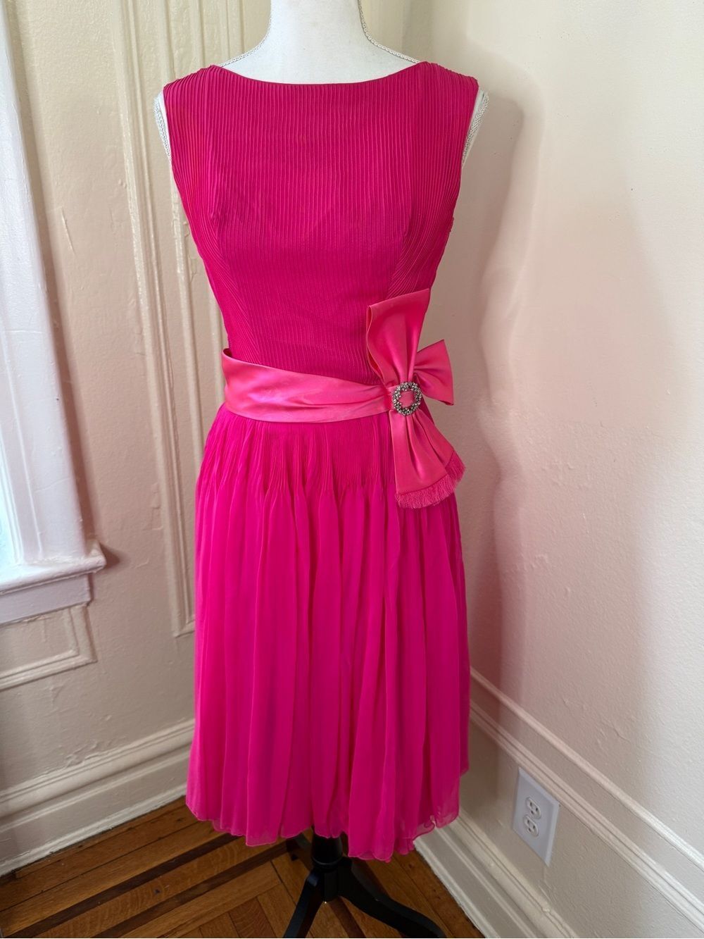 RARE 1950s Hot Pink Pleated Silk Chiffon Belted Dress with Rhinestone Brooch